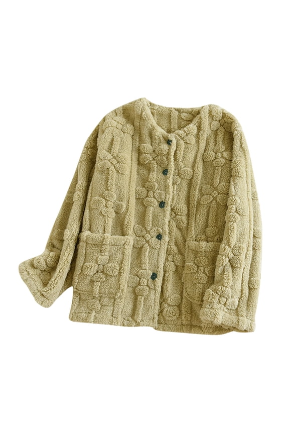Fuzzy Jacket for Women Cute Flower Warm Fleece Long Sleeve Crew Neck Button down Winter Coats with Pockets