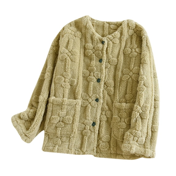 HAiming Fuzzy Jacket for Women Cute Flower Warm Fleece Long Sleeve Crew Neck Button down Winter Coats with Pockets