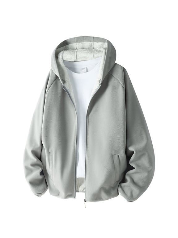 Fuzzy Lined Jacket Coats for Men Zip up Casual Winter Warm Long Sleeve Hoodies Solid Hooded Outwear