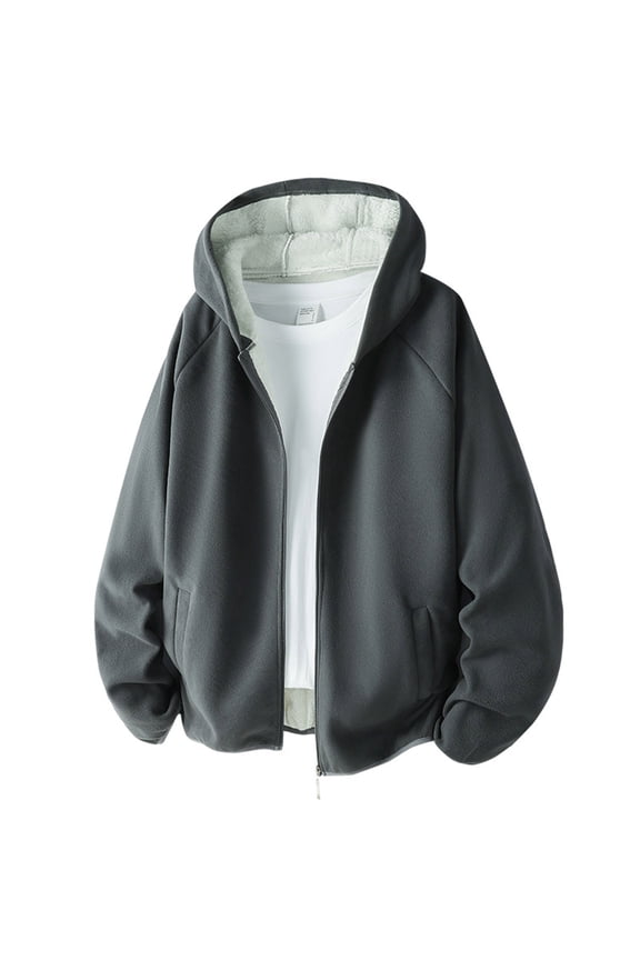 Fuzzy Lined Jacket Coats for Men Zip up Casual Winter Warm Long Sleeve Hoodies Solid Hooded Outwear