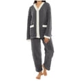 thumbnail image 1 of HAiming Fuzzy Pajamas Set V Neck Long Sleeve Button down Tops and Casual Pants Color Block Sleepwear with Pockets, 1 of 6