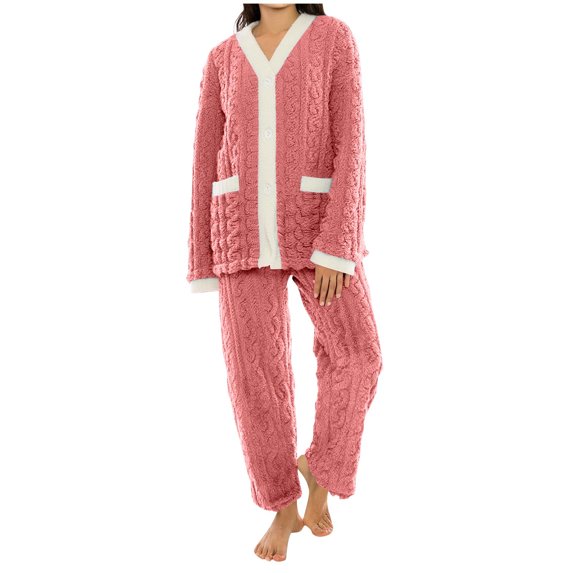 HAiming Fuzzy Pajamas Set V Neck Long Sleeve Button down Tops and Casual Pants Color Block Sleepwear with Pockets