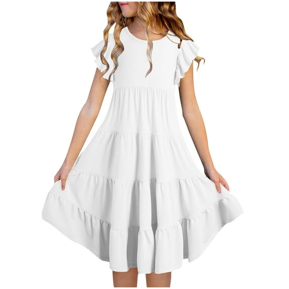 HAiming Girl 2025 Summer Boho Sundress Ruffled Short Sleeve Round Neck Tiered Pleated A-Line Dresses for 6-14 Years