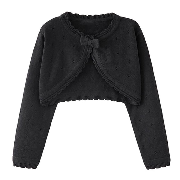 HAiming Girls Cotton Cardigan Sweater Cropped Knit Open Front Long Sleeve Bow Lace Round Neck Cover up Solid Color Clothes