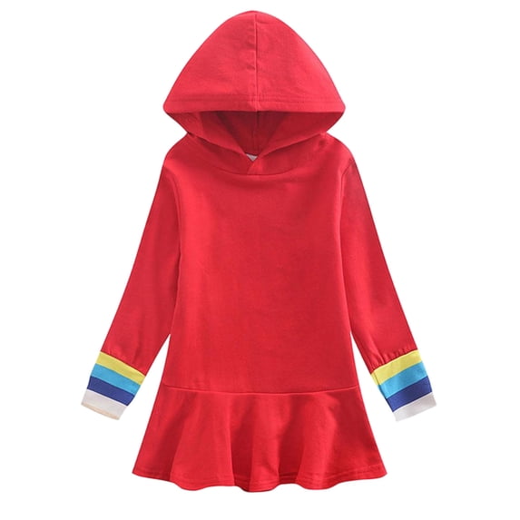 HAiming Girls Cotton Dresses Kids Long Sleeve Hoodie Dress Color Block Casual Trendy Mini Dress Hooded School Uniform