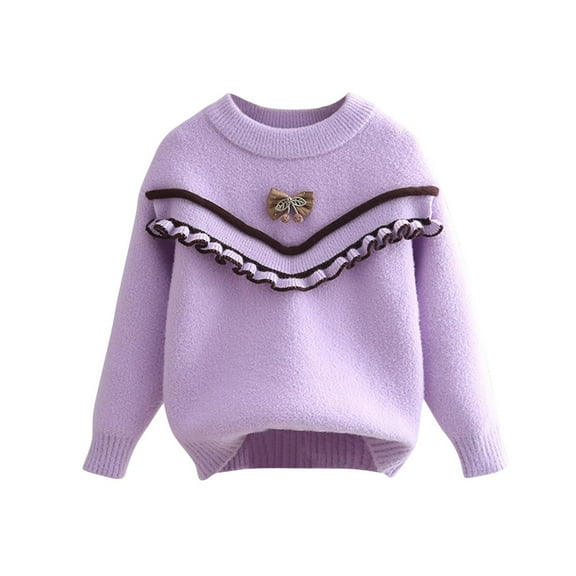 HAiming Girls Cute Bow Sweater Crew Neck Long Sleeve Drop Shoulder Loose Pullover Tops Children Knitted Blouse