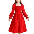 thumbnail image 1 of HAiming Girls Dress Ruffle Long Sleeve Square Neck Pleated Front Side Tie Solid Color Flowy Madi Dresses for Kids, 1 of 6