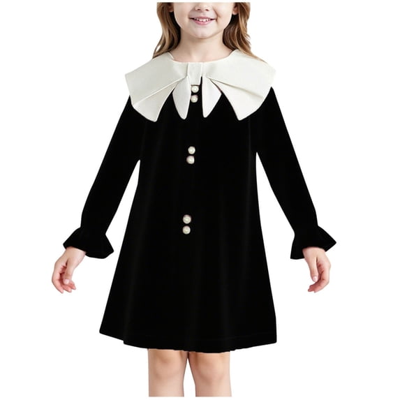 HAiming Girls Dresses Long Sleeve Bow Collar Casual Color Block Trendy Dress School Uniform Elegant Outfit