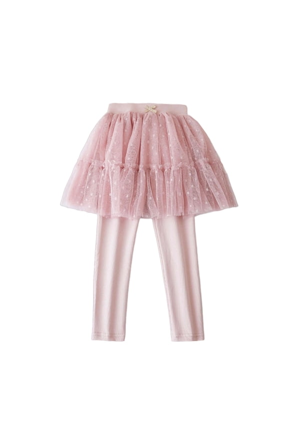 Girls Footless Leggings Tights Pants with Tulle Ruffle Polka Dots Skirt Stretchy Pantskirt