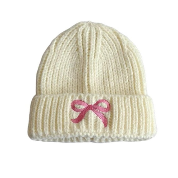 HAiming Girls Knit Cotton Hat Pullover Bow Graphic Solid Color Ribbed Comfortable Fashion Cute Caps for Kids