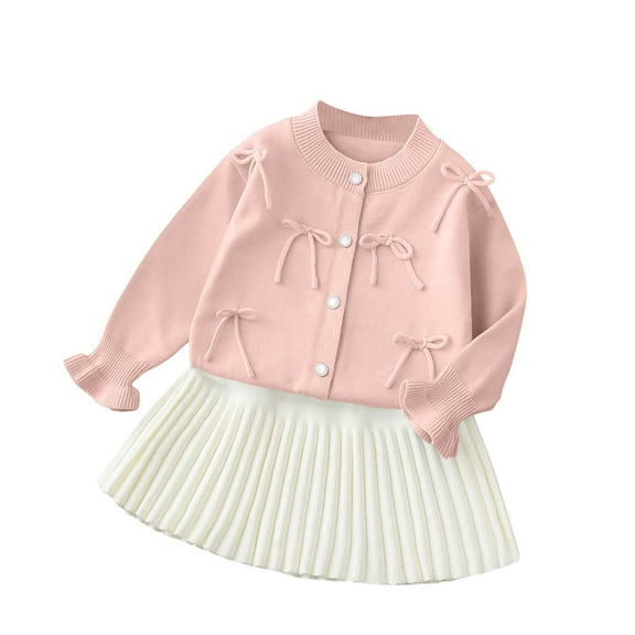 HAiming Girls Knit Set Button down Bow Tie Long Sleeve Sweater Tops Cardigan Pleated Skirts Cute 2 Piece Outfit