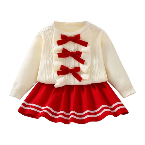 HAiming Girls Long Sleeve Pullover Ruffle Bowtie Knitted Sweater and Striped Skirt 2PCS Set Kids Fall Clothes