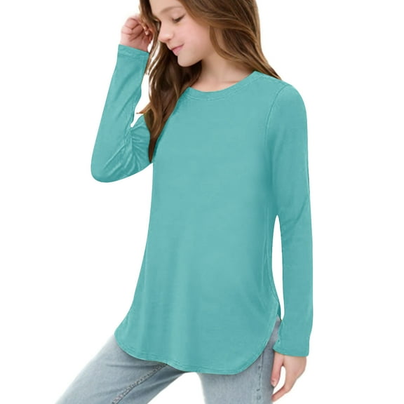 HAiming Girls Long Sleeve Shirts Solid Round Neck Side Slit Tunic Tops Spring Casual Loose Soft Comfy Blouses