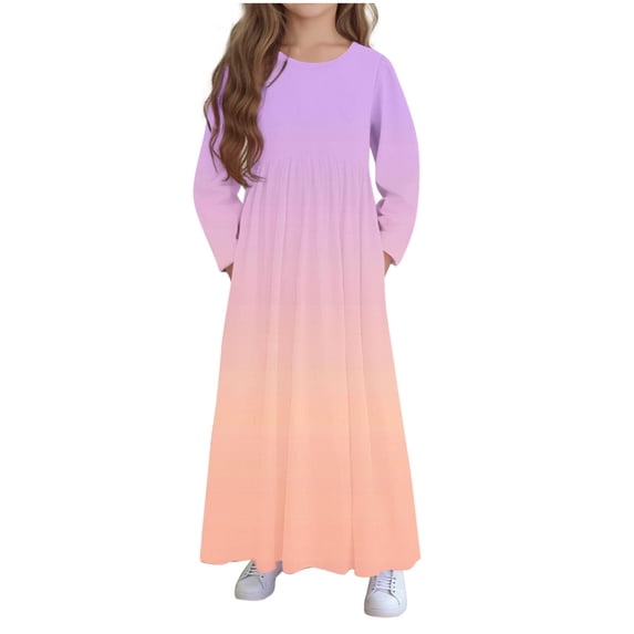 HAiming Girls Maxi Dress Gradient Long Sleeve Crew Neck Flowy Holiday Dress Trendy Clothes with Pockets