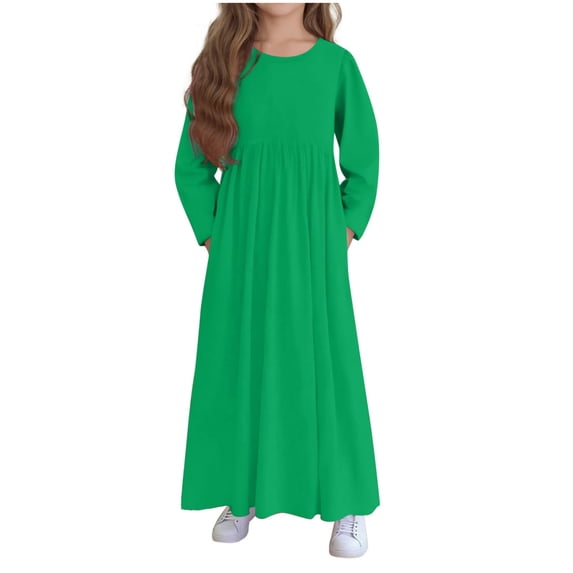 HAiming Girls Maxi Dress Long Sleeve Crew Neck Solid Color Flowy Holiday Dress Trendy with Pockets
