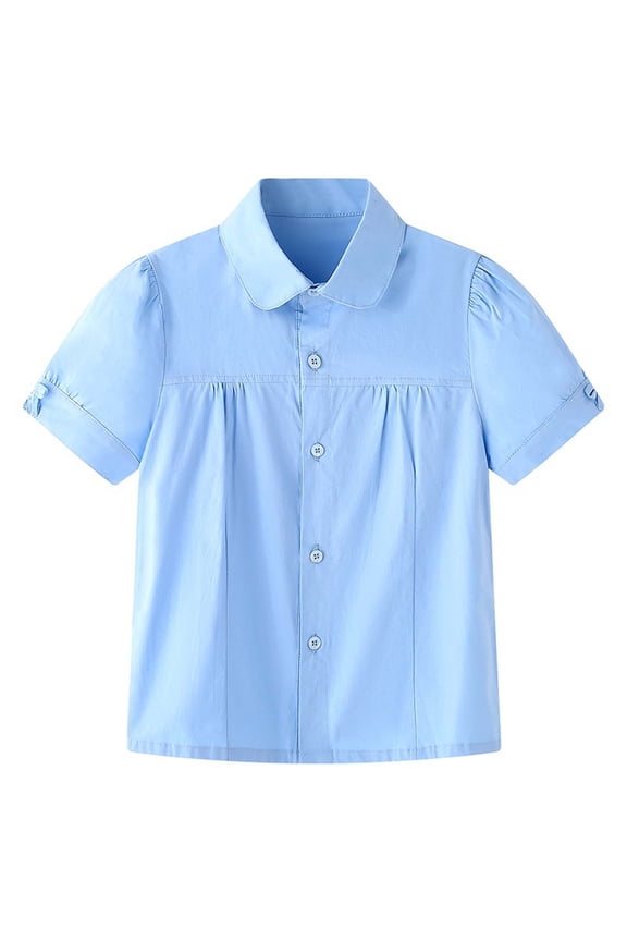 Girls School Shirts Short Sleeve Smocked Uniform Blouses Button down Collared Comfy Solid Color Casual Workout Kids Tops