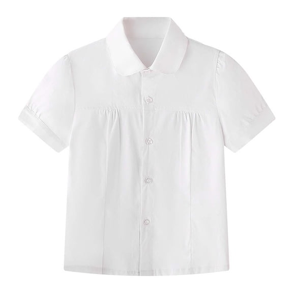 HAiming Girls School Shirts Short Sleeve Smocked Uniform Blouses Button down Collared Comfy Solid Color Casual Workout Kids Tops