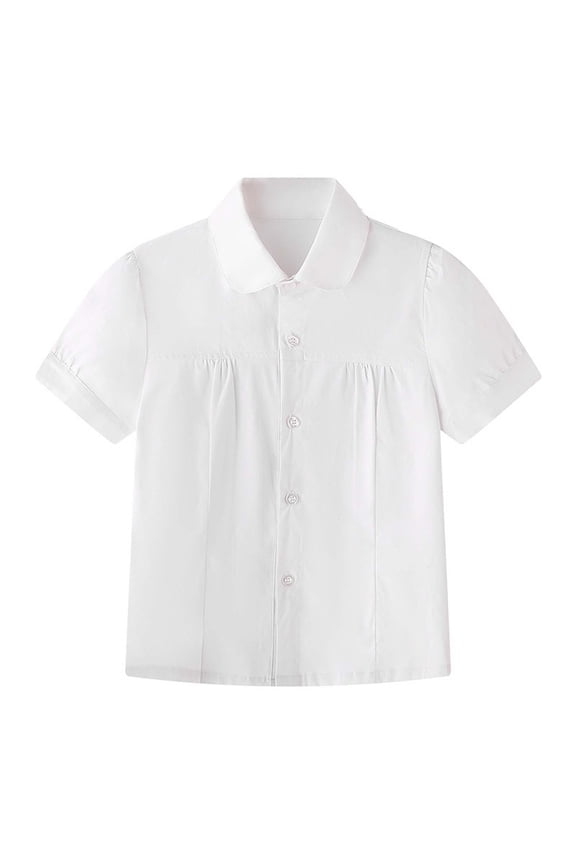Girls School Shirts Short Sleeve Smocked Uniform Blouses Button down Collared Comfy Solid Color Casual Workout Kids Tops