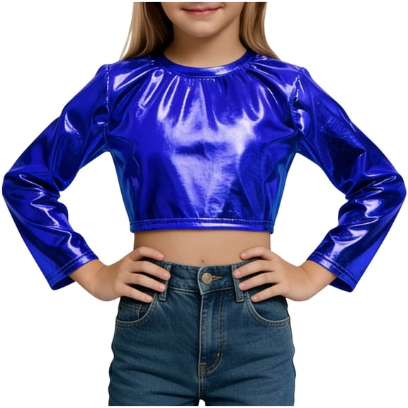 HAiming Girls Sequin Shirt Sparkle Cropped Dance Tshirts Kids Summer Casual Glitter Long Sleeve Tops Trendy Clothes