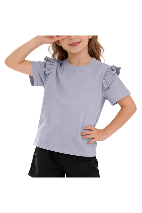 Girls Shirts Summer Short Sleeve Tiered Tee Solid Color Casual Scoop Neck Trendy Blouse Vacation Going out Kids Tops