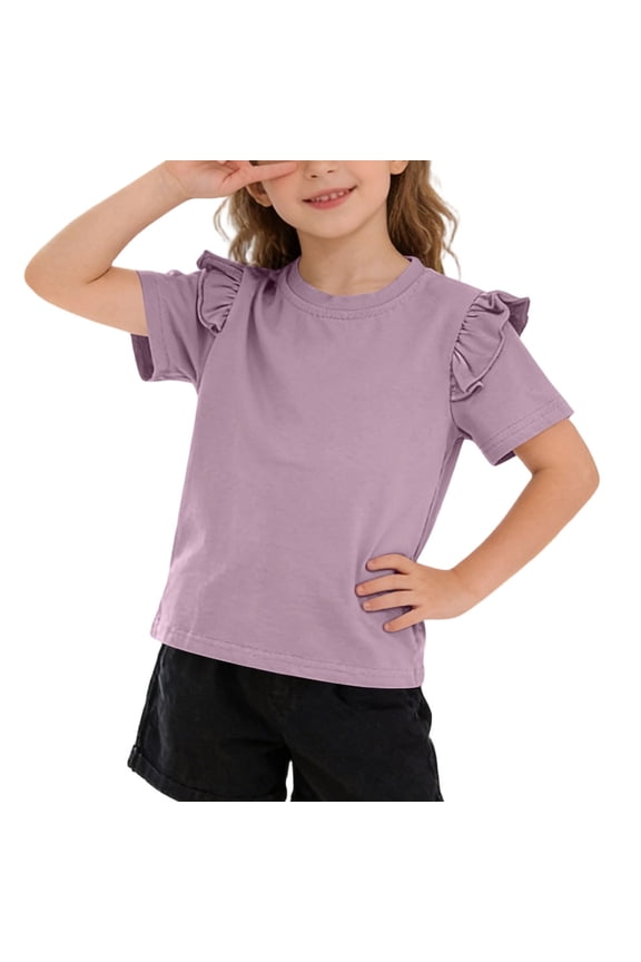 Girls Shirts Summer Short Sleeve Tiered Tee Solid Color Casual Scoop Neck Trendy Blouse Vacation Going out Kids Tops