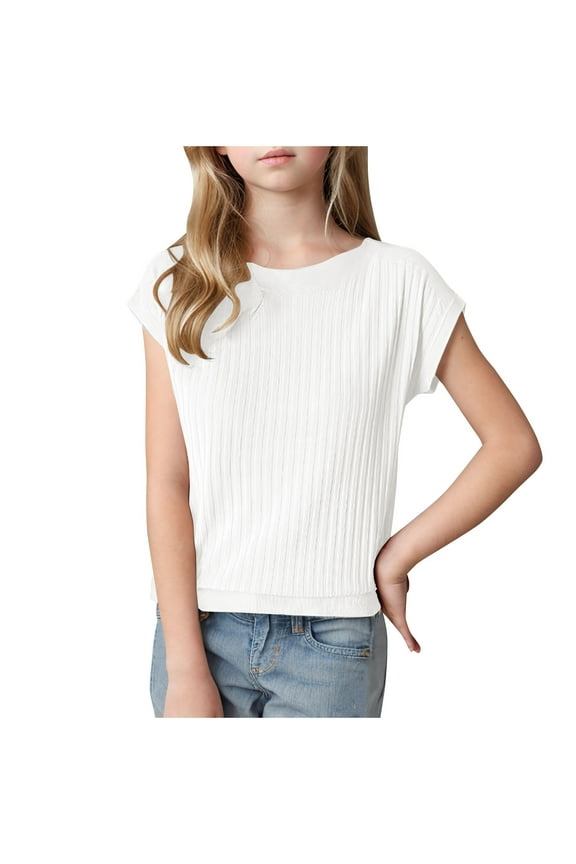 Girls Short Sleeve T Shirts Kids Summer Casual Tops Solid Color Fashion Round Neck Cotton Tees Blouse