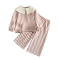 thumbnail image 1 of HAiming Girls Striped 2 Piece Set Long Sleeve Doll Collar Tops and Wide Leg Pants Toddler Kids Casual Fashion Outfits, 1 of 5