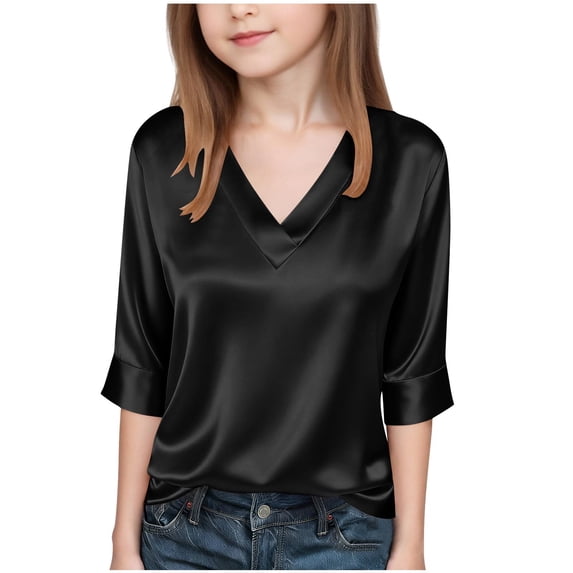 HAiming Girls Summer Tops 3/4 Length Sleeve Trendy T Shirts Loose Solid Color Casual Trendy V Neck Blouses Vacation Outdoors Kids Tops