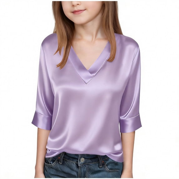 HAiming Girls Summer Tops 3/4 Length Sleeve Trendy T Shirts Loose Solid Color Casual Trendy V Neck Blouses Vacation Outdoors Kids Tops