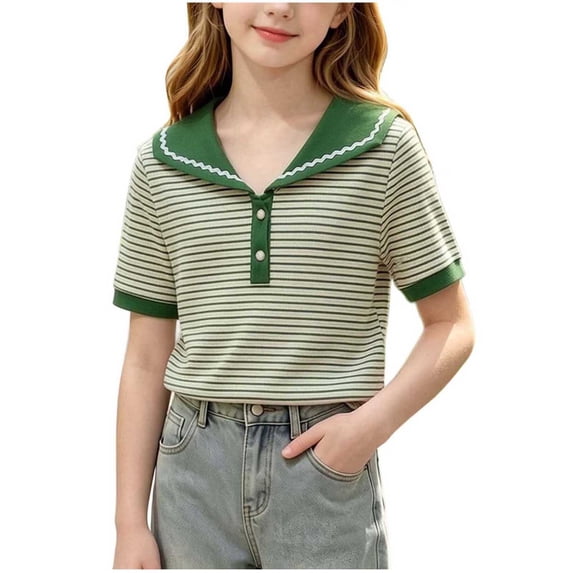 HAiming Girls Summer Tops Short Sleeve Striped Collared Button T Shirts Loose Casual Comfy Trendy Tee Vacation Going out Kids Tops