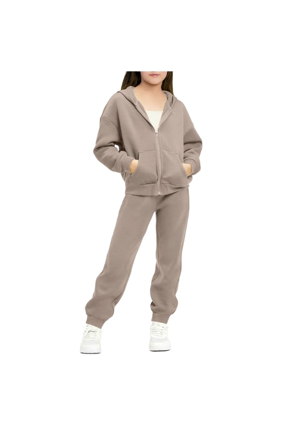 Girls Sweatsuit Set Zip up Hoodies Jogger Pants Winter Warm Solid Color Outfit with Pockets