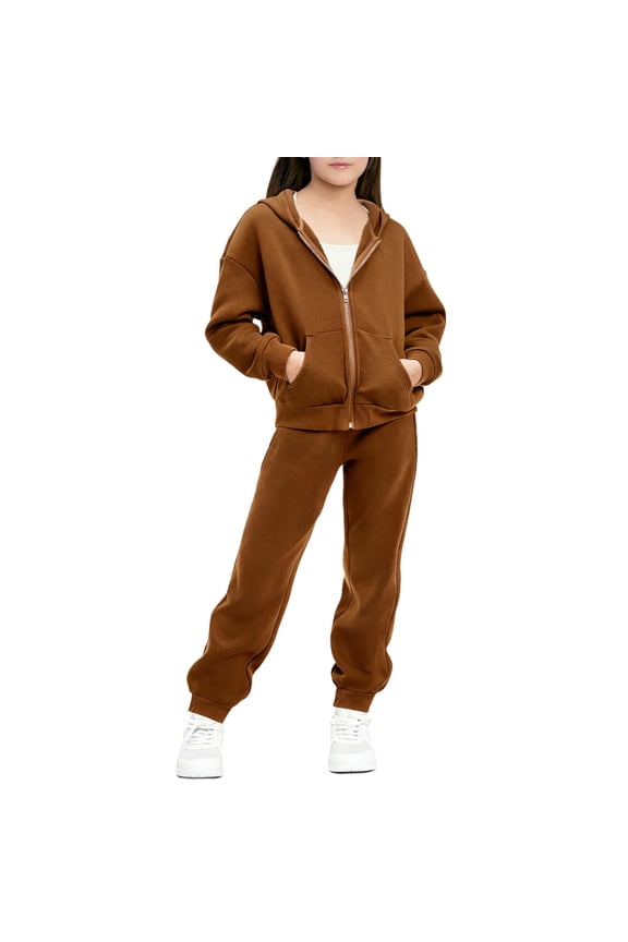 Girls Sweatsuit Set Zip up Hoodies Jogger Pants Winter Warm Solid Color Outfit with Pockets