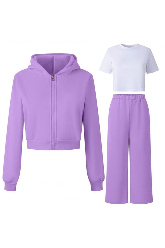 Girls Sweatsuit Set Zip up Hoodies wide straight leg Pants Winter Warm Solid Color Outfit with Pockets