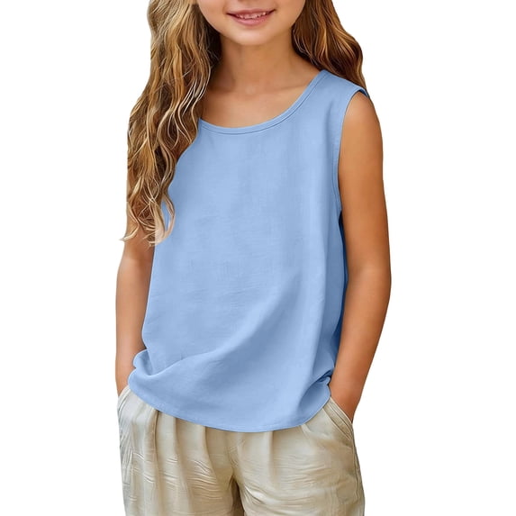 HAiming Girls Tank Tops Cotton Linen Sleeveless Plain Tee Comfy Loose Casual Round Neck T Shirts Vacation Going out Kids Tops