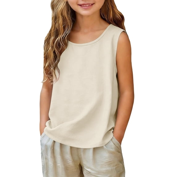 HAiming Girls Tank Tops Cotton Linen Sleeveless Plain Tee Comfy Loose Casual Round Neck T Shirts Vacation Going out Kids Tops