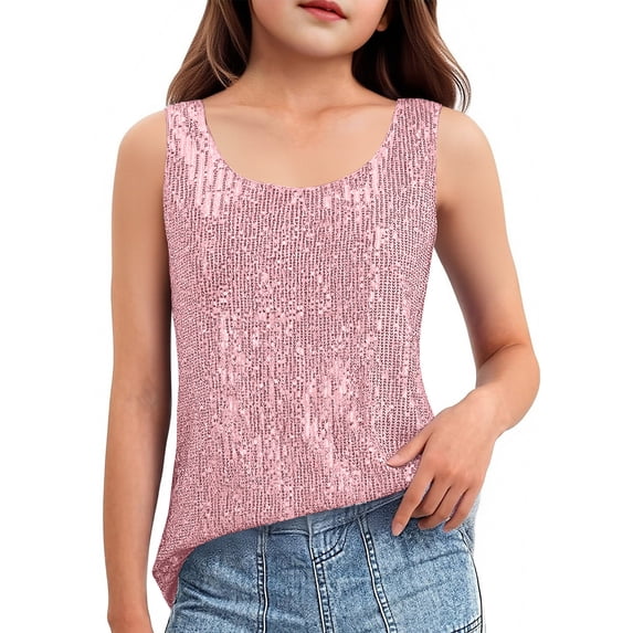 HAiming Girls Tank Tops Sleeveless Sparkle T Shirts Loose Casual Scoop Neck Trendy Blouse Summer Vacation Party Going out Tee