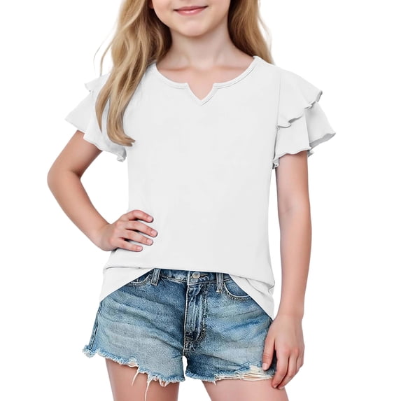HAiming Girls Tops Ruffle Short Sleeve Tiered Tee Solid Color Loose Casual Trendy T Shirts Summer Beach Vacation Workout Kids Tops