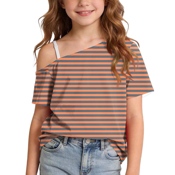 HAiming Girls Tops off the Shoulder Short Sleeve Striped Color Block T Shirts Loose Casual Fashion Tee Summer Vacation Workout Blouses