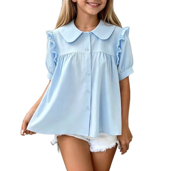 HAiming Girls Uniform Shirts Short Sleeve Button down Collared School Blouses Loose Casual Cute Classic Summer Vacation Kids Tops