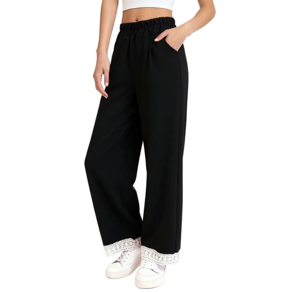 HAiming Girls Wide Leg Pants Casual Lace Trim Palazzo Pants High Waist Flowy Lounge Trousers with Pockets