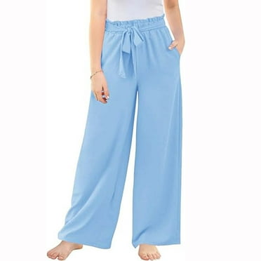 HAiming Girls Wide Leg Pants Kids Casual High Elastic Smocked Waist Loose Long Trousers with Pockets 5-14 Years