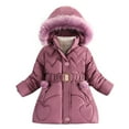 thumbnail image 1 of HAiming Girls Winter Hooded Coat Kids Snow Long Sleeve Puffer Jacket Thicken Warm Outwear with Waist Belt Pockets, 1 of 9