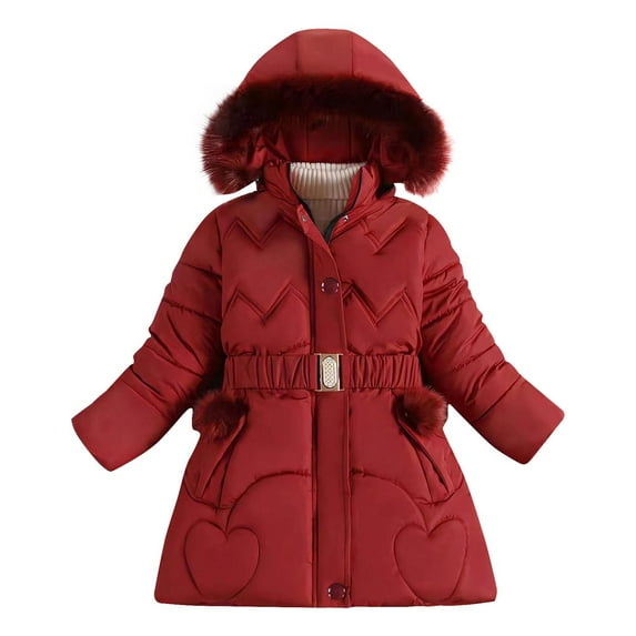 HAiming Girls Winter Hooded Coat Kids Snow Long Sleeve Puffer Jacket Thicken Warm Outwear with Waist Belt Pockets