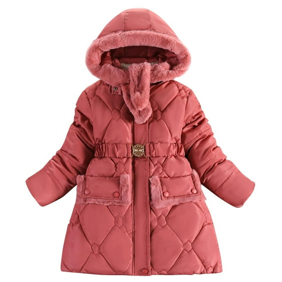 HAiming Girls Winter Hooded Coat Kids Snow Long Sleeve Puffer Jacket Thicken Warm Outwear with Waist Belt Pockets