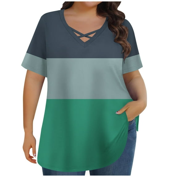 HAiming Plus Size Color Block Tops for Women Short Sleeve T Shirt V Neck Summer Tee Blouses T-Shirts for Going Out