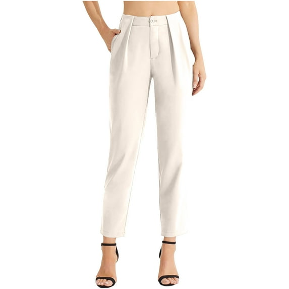 HAiming High Waisted Pants for Women Casual Pleated Straight Leg Pants Comfy Work Office Business Trousers with Pocket