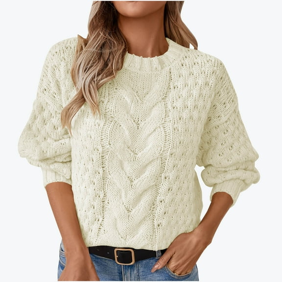 HAiming Hollow out Knitted Sweater for Women Long Sleeve Crewneck Retro Casual Loose Lightweight Pullover Jumper Tops