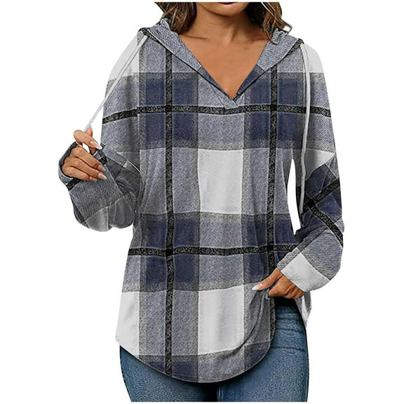 HAiming Hoodies for Women Trendy Plaid Drawstring Long Sleeve V Neck Pullover Tops Fall Winter Casual Loose Sweatshirt