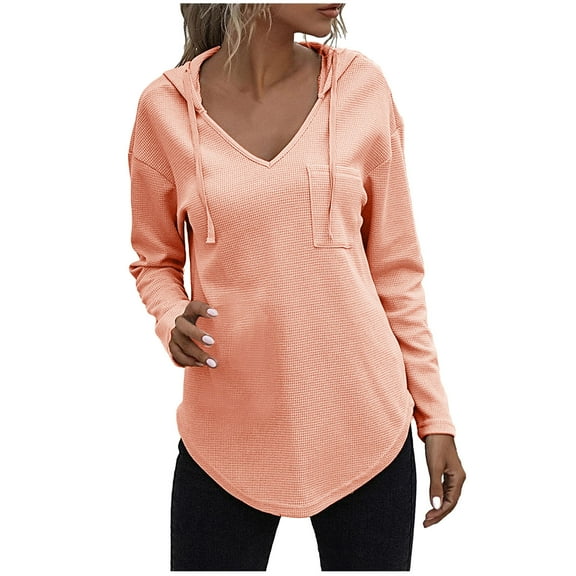 HAiming Hoodies for Womens Solid Color Long Sleeve V Neck Drawstring Tops Fall Winter Casual Loose Pullover Blouse