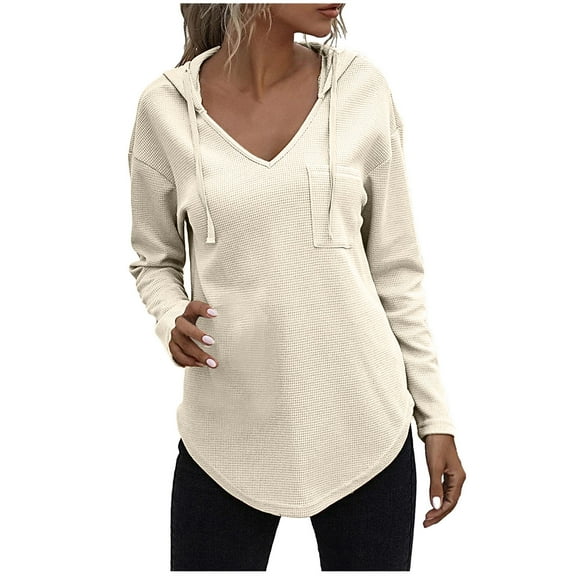 HAiming Hoodies for Womens Solid Color Long Sleeve V Neck Drawstring Tops Fall Winter Casual Loose Pullover Blouse
